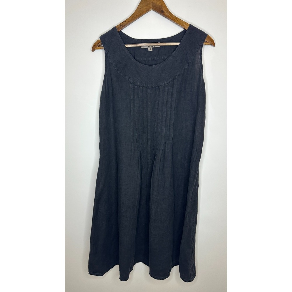 FLAX Faded Black 100% Linen Sleeveless Pleated Front Midi Shift Dress Size Small - Picture 10 of 10